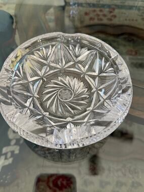 VTG Bohemia Cut Crystal Starburst Hobstar Ashtray Dish Heavy Round Hand Blown